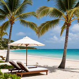 Caribbean Holidays, Trinidad Luxury Holidays, Luxury beachfront resort in Trinidad and Tobago in June, with palm trees, turquoise sea and elegant loungers
