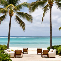 Caribbean Holidays, Trinidad Luxury Holidays, Luxury beachfront resort in Trinidad and Tobago in March, with palm trees, calm turquoise sea and elegant outdoor seating