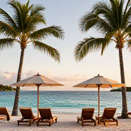 Caribbean Holidays, Trinidad Luxury Holidays, Luxury beachfront resort in Trinidad and Tobago in May, palm trees, calm turquoise sea, elegant sun loungers and warm evening light