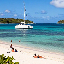 Caribbean Holidays, Trinidad Luxury Holidays, Luxury catamaran sailing along the coast of Trinidad and Tobago, clear water, secluded beach and guests relaxing on deck