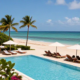Caribbean Holidays, Trinidad Luxury Holidays, Luxury hotel pool overlooking a tropical Caribbean beach in Trinidad and Tobago, with guests relaxing beneath umbrellas