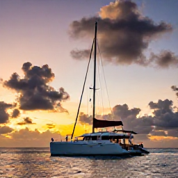 Caribbean Holidays, Trinidad Luxury Holidays, Luxury sunset sailing near Tobago, elegant catamaran on calm Caribbean water with dramatic tropical sky