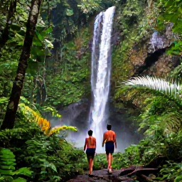Caribbean Holidays, Trinidad Luxury Holidays, Luxury travellers walking through lush Trinidad rainforest near a waterfall, tropical foliage and soft natural light
