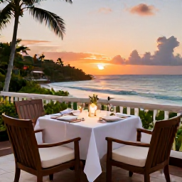 Caribbean Holidays, Trinidad Luxury Holidays, Romantic fine dining table on a tropical terrace in Trinidad and Tobago at sunset, elegant setting and Caribbean sea beyond