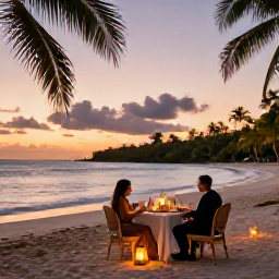 Caribbean Holidays, Trinidad Luxury Holidays, Romantic luxury dinner at sunset beside a Caribbean beach in Trinidad and Tobago, with lanterns and tropical surroundings