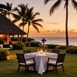 Caribbean Holidays, Trinidad Luxury Holidays, Romantic sunset dinner at a luxury Caribbean resort in Trinidad and Tobago, with candlelit table, tropical garden and orange sky