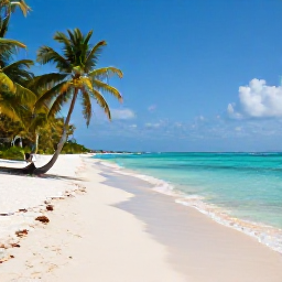Caribbean Holidays, Trinidad Luxury Holidays, Traveller relaxing on a quiet Tobago beach in March, with soft white sand, palm trees and clear Caribbean water