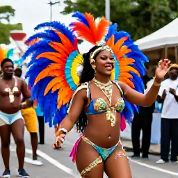 Caribbean Holidays, Trinidad March Breaks, Colourful Trinidad Carnival costumes and dancers in Port of Spain, with musicians, feathers and a lively street celebration