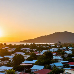 Caribbean Holidays, Trinidad March Breaks, Sunset over Port of Spain and Trinidad&rsquo;s Northern Range, with warm light, city rooftops and tropical vegetation