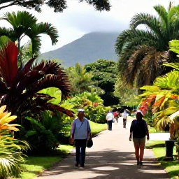Caribbean Holidays, Trinidad March Breaks, Visitors walking through the Royal Botanic Gardens in Port of Spain, with tropical plants, shaded paths and the Northern Range in the distance