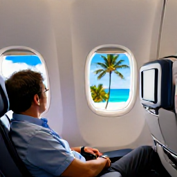 Caribbean Holidays, Trinidad March Holidays, Business class passenger relaxing in a comfortable aircraft seat on a flight to Trinidad, with a tropical Caribbean destination ahead