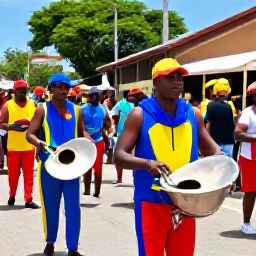 Caribbean Holidays, Trinidad March Holidays, Colourful Trinidad street celebration with masquerade costumes, steelpan musicians and happy crowds in bright daylight