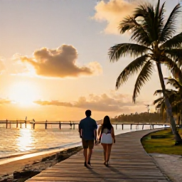 Caribbean Holidays, Trinidad March Holidays, Couple walking along Pigeon Point beach in Tobago at sunset, with wooden jetty, palm trees and golden Caribbean light