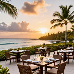 Caribbean Holidays, Trinidad March Holidays, Elegant all-inclusive resort terrace in Tobago overlooking the sea at sunset, with outdoor dining tables and a welcoming tropical atmosphere