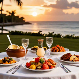 Caribbean Holidays, Trinidad March Holidays, Elegant Caribbean dinner table with local Trinidadian dishes, fresh seafood and a sunset view