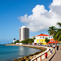Caribbean Holidays, Trinidad March Holidays, Sunny Port of Spain waterfront with colourful buildings, palm trees and visitors exploring the city in March
