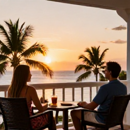 Caribbean Holidays, Trinidad May Holidays, Couple relaxing on a Trinidad and Tobago resort balcony at sunset, looking across palm trees and the Caribbean Sea