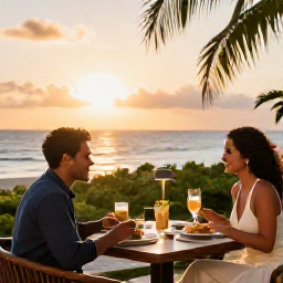Caribbean Holidays, Trinidad May Holidays, Elegant adults-only Caribbean resort restaurant at sunset, with a couple enjoying local Trinidad and Tobago food
