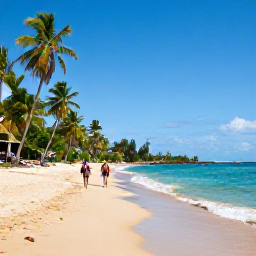 Caribbean Holidays, Trinidad May Holidays, Golden sandy beach in Tobago with palm trees, clear blue water and a couple walking along the shore in May