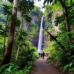 Caribbean Holidays, Trinidad May Holidays, Lush green rainforest and a scenic waterfall in Tobago, with visitors exploring a forest path in warm May weather