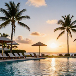 Caribbean Holidays, Trinidad May Holidays, Peaceful adults-only resort pool in Trinidad and Tobago at sunset, with loungers, palm trees and warm golden light