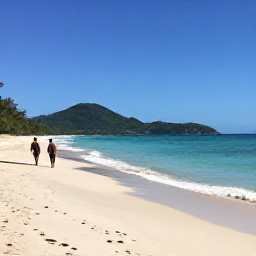 Caribbean Holidays, Trinidad May Holidays, Wide sandy beach in Tobago in May, clear Caribbean water, green hills in the distance and a couple walking along the shoreline