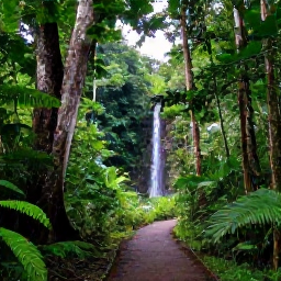 Caribbean Holidays, Trinidad Nature Holidays, A green rainforest trail in Trinidad with towering trees, tropical foliage and a small waterfall, photographed in natural morning light