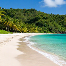 Caribbean Holidays, Trinidad Nature Holidays, A quiet sandy beach on Tobago bordered by clear turquoise water, palm trees and green rainforest-covered hills