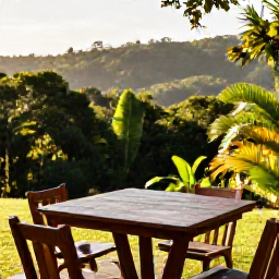 Caribbean Holidays, Trinidad Nature Holidays, A relaxed outdoor table overlooking Trinidad&rsquo;s tropical forest and hills in warm December sunshine