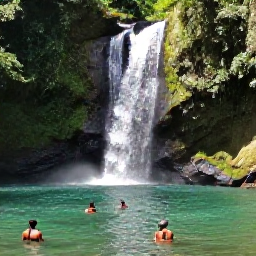 Caribbean Holidays, Trinidad Nature Holidays, Clear waterfall and natural pool surrounded by green forest in Trinidad, with visitors swimming in the cool water