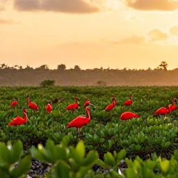 Caribbean Holidays, Trinidad Nature Holidays, Colourful scarlet ibis flock gathered in mangrove wetlands near sunset in Trinidad