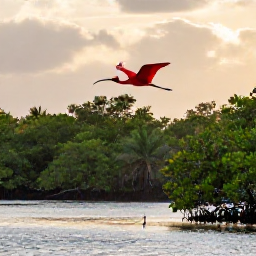 Caribbean Holidays, Trinidad Nature Holidays, Colourful scarlet ibis flying above mangrove wetlands at sunset in Trinidad, with calm water and lush vegetation
