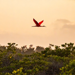Caribbean Holidays, Trinidad Nature Holidays, Colourful scarlet ibis flying over mangrove wetlands at sunset in Trinidad, peaceful wildlife scene