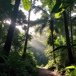 Caribbean Holidays, Trinidad Nature Holidays, Early morning view of lush Trinidad rainforest with soft sunlight, broadleaf trees and a clear trail