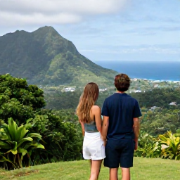 Caribbean Holidays, Trinidad Nature Holidays, Friendly travel couple enjoying a nature holiday in Trinidad and Tobago, with mountains, forest and coastline in the background