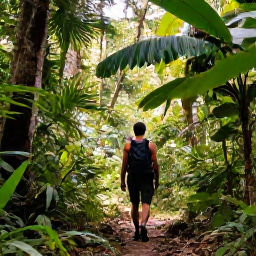 Caribbean Holidays, Trinidad Nature Holidays, Hiker walking through the Main Ridge rainforest in Tobago, tropical foliage and filtered sunlight