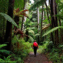 Caribbean Holidays, Trinidad Nature Holidays, Hikers walking through the cool Main Ridge rainforest in Tobago, with tall trees, ferns and a shaded path