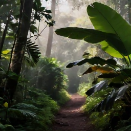 Caribbean Holidays, Trinidad Nature Holidays, Lush Trinidad rainforest in May with broad tropical leaves, soft morning light and a narrow forest trail