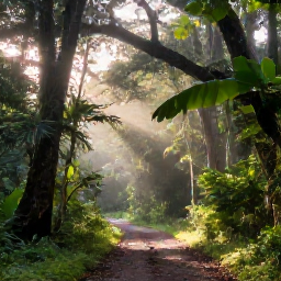 Caribbean Holidays, Trinidad Nature Holidays, Lush tropical rainforest in Trinidad, January morning light, broadleaf trees and a quiet forest trail