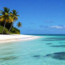 Caribbean Holidays, Trinidad Nature Holidays, Quiet Caribbean beach in Tobago with clear turquoise water, palm trees and snorkellers near a coral reef