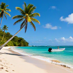 Caribbean Holidays, Trinidad Nature Holidays, Quiet Caribbean beach in Tobago with turquoise water, golden sand, leaning palms and a small snorkelling boat offshore