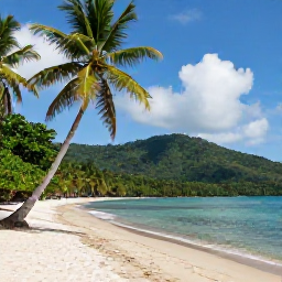 Caribbean Holidays, Trinidad Nature Holidays, Quiet May beach on Trinidad&rsquo;s north coast with palm trees, calm sea and forested hills in the background