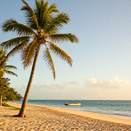 Caribbean Holidays, Trinidad Nature Holidays, Quiet Trinidad beach with coconut palms, warm sea and a small fishing boat on a sunny July afternoon