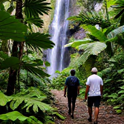 Caribbean Holidays, Trinidad Nature Holidays, Rainforest trail in Tobago with a waterfall, broad green leaves and a couple walking with a local guide