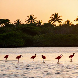 Caribbean Holidays, Trinidad Nature Holidays, Scarlet ibis birds gathered in the mangroves of Caroni Swamp at sunset, with calm water and silhouettes of tropical trees