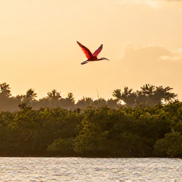 Caribbean Holidays, Trinidad Nature Holidays, Scarlet ibis flying over mangrove wetlands in Trinidad at sunset, with calm water and lush vegetation