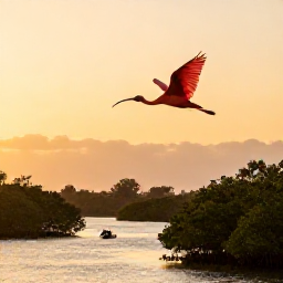 Caribbean Holidays, Trinidad Nature Holidays, Scarlet ibis flying over the Caroni Swamp at sunset in Trinidad, with mangrove channels and a small boat