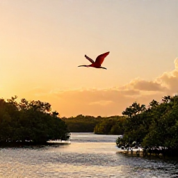 Caribbean Holidays, Trinidad Nature Holidays, Scarlet ibis flying over the Caroni Swamp at sunset, with mangrove channels and calm water