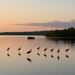 Caribbean Holidays, Trinidad Nature Holidays, Scarlet ibis gathering in the mangroves of Caroni Swamp at sunset, with calm water, reflections and a small boat of visitors