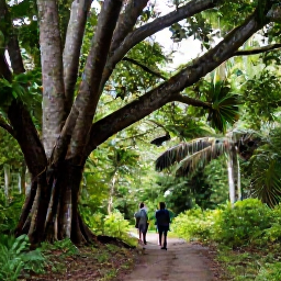 Caribbean Holidays, Trinidad Nature Holidays, Visitor walking beneath towering trees on a shaded trail in the Main Ridge Forest Reserve, Tobago, with tropical birds nearby